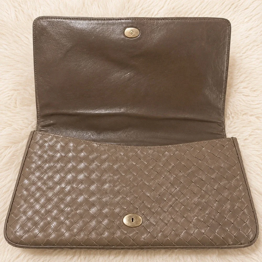 Woven Leather Portfolio Clutch Taupe Twist Lock Vintage Handbag Morris Moskowitz